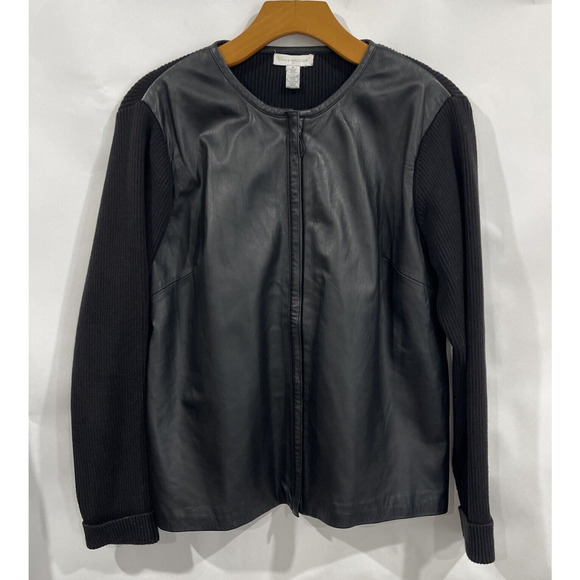 Charter Club Leather Knit Sweater Zip Jacket Size M Black City Elegant Classic - Picture 1 of 10